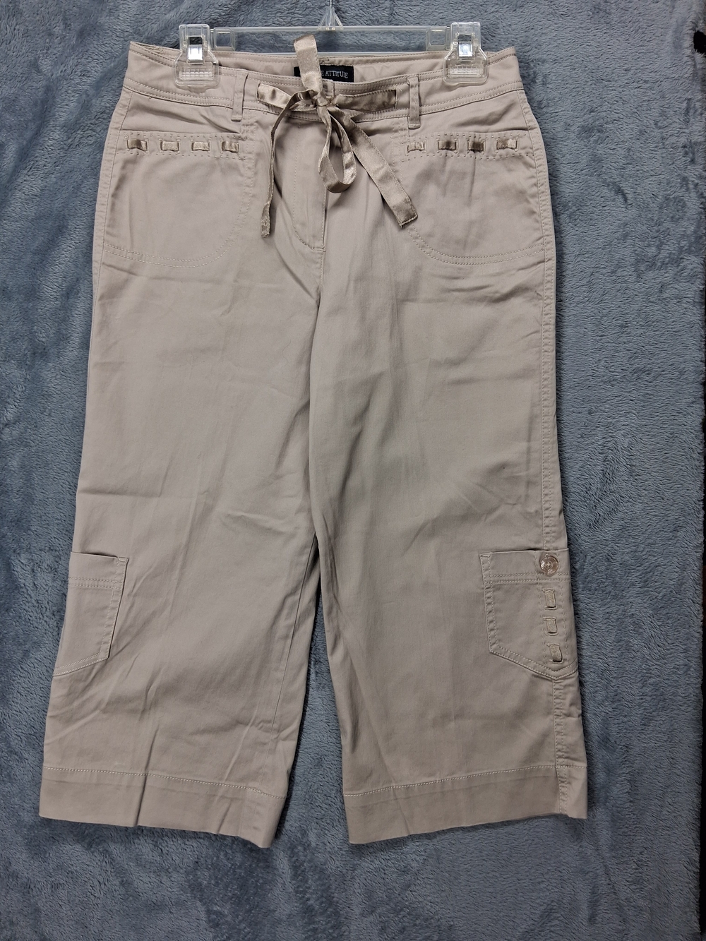 Lifestyle Attitude - Beige Mid-Rise Cargo Capri Women’s Shorts Ribbon Accents
